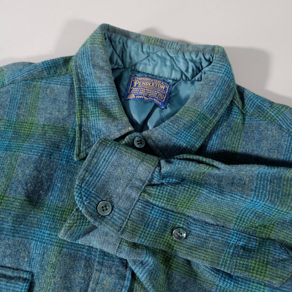 Pendleton Wool Board Shirt Mens 17 Blue Green Plaid Vintage Flannel